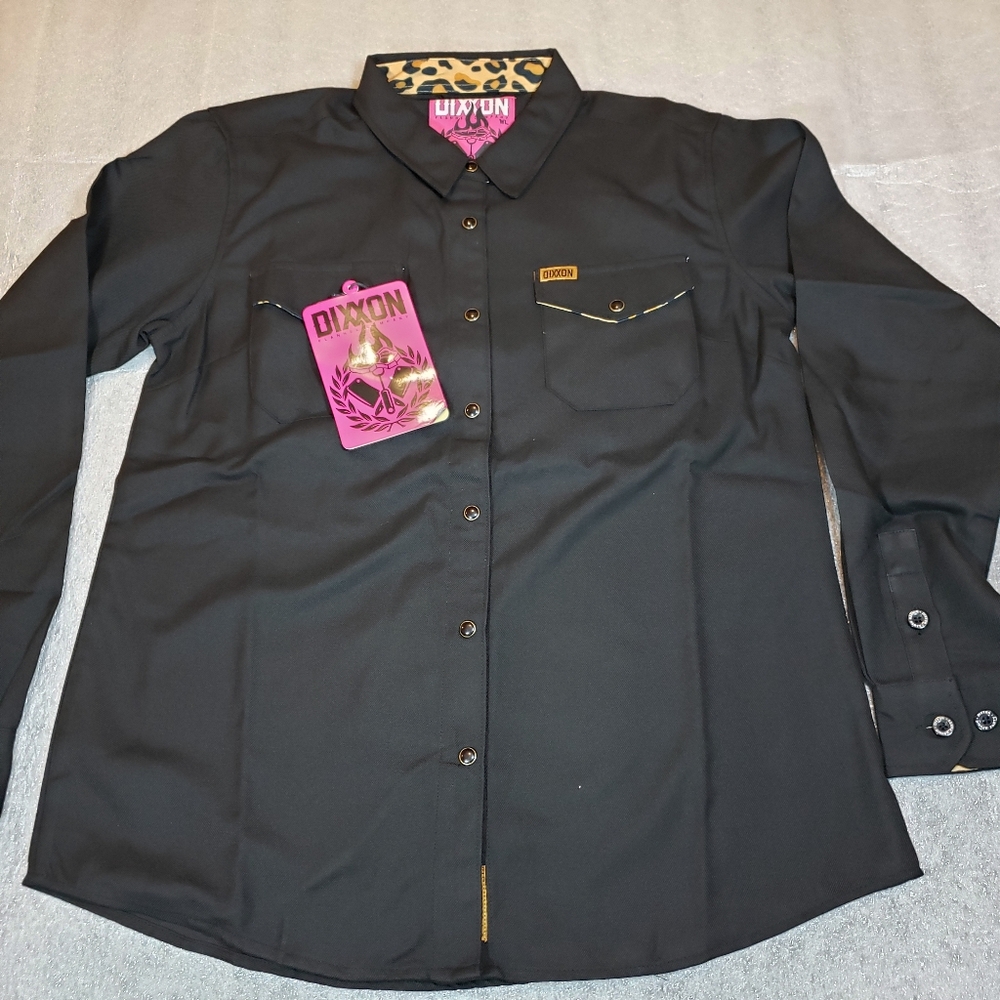 NWT DIXXON Women's Large Dinner Party Flannel Leopard Print Trim Pearl Snap - Picture 2 of 12